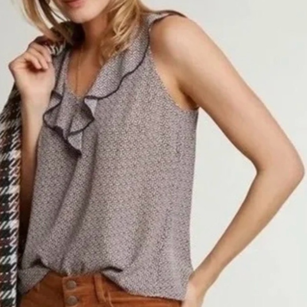 CABI STELLAR TOP NAVY PINK MICRO STAR PRINT SLEEVELESS RUFFLE BLOUSE MEDIUM